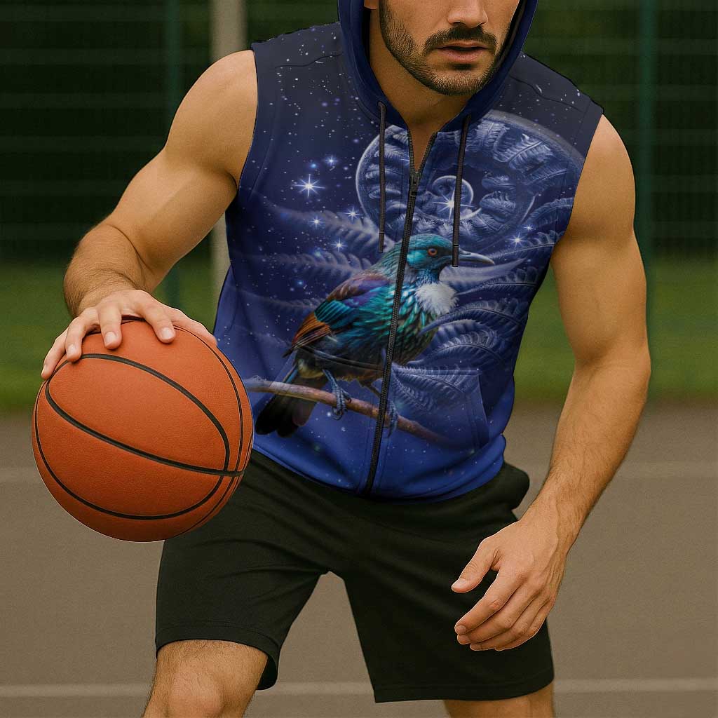 Tui Bird Matariki Galaxy Sleeveless Zip Hoodie Koru Silver Fern Aotearoa LT9 - Polynesian Pride