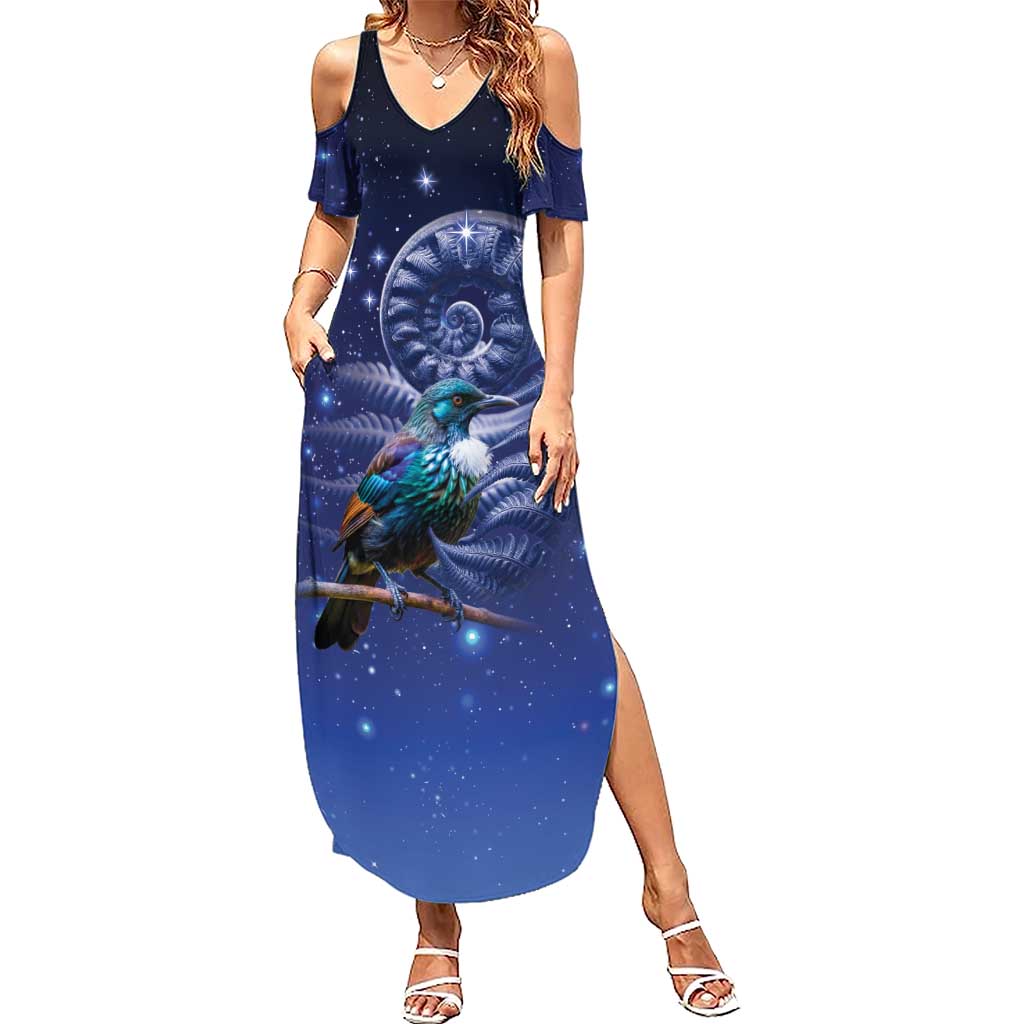 Tui Bird Matariki Galaxy Summer Maxi Dress Koru Silver Fern Aotearoa LT9 Women Galaxy - Polynesian Pride