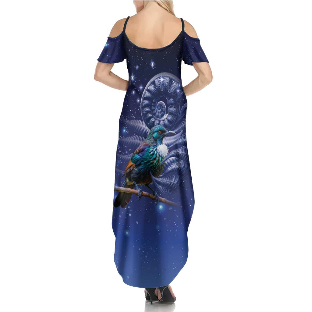 Tui Bird Matariki Galaxy Summer Maxi Dress Koru Silver Fern Aotearoa LT9 - Polynesian Pride