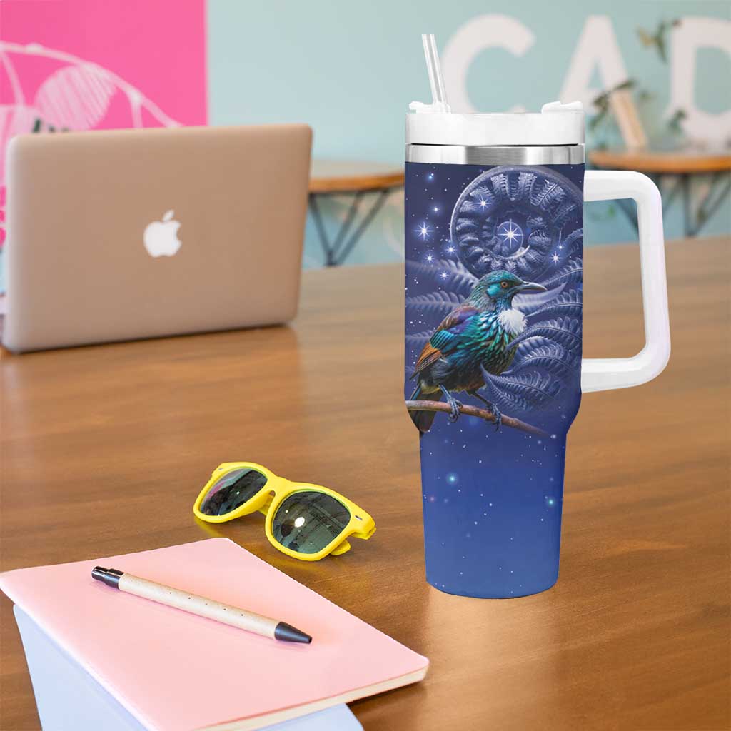 Tui Bird Matariki Galaxy Tumbler With Handle Koru Silver Fern Aotearoa LT9 - Polynesian Pride