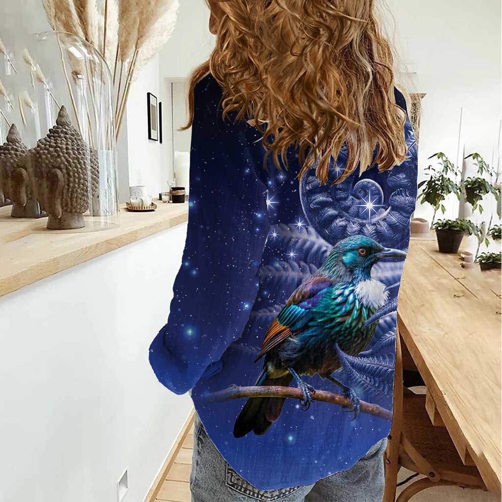 Tui Bird Matariki Galaxy Women Casual Shirt Koru Silver Fern Aotearoa LT9 - Polynesian Pride