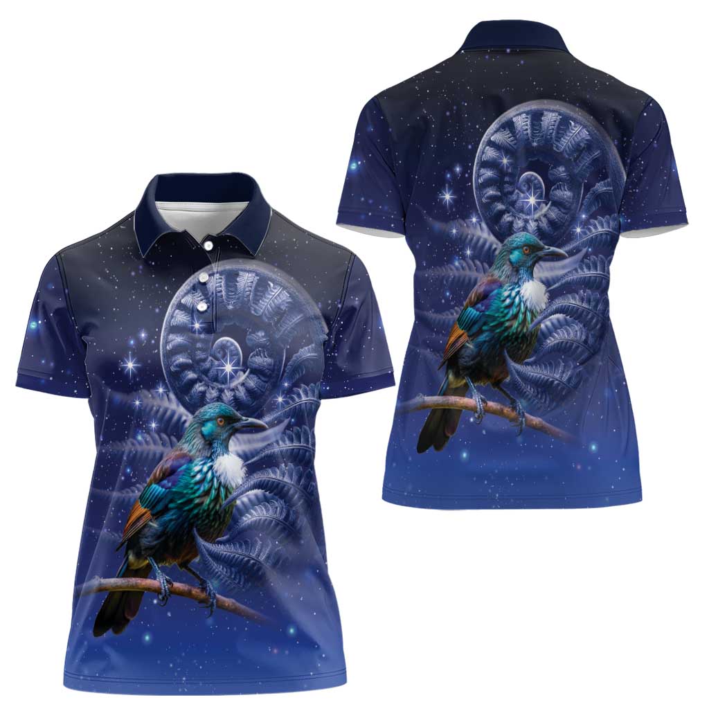 Tui Bird Matariki Galaxy Women Polo Shirt Koru Silver Fern Aotearoa LT9 - Polynesian Pride