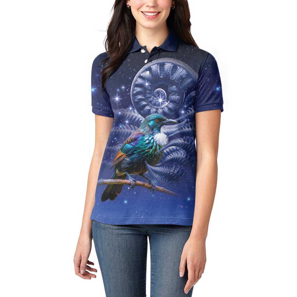 Tui Bird Matariki Galaxy Women Polo Shirt Koru Silver Fern Aotearoa LT9 - Polynesian Pride