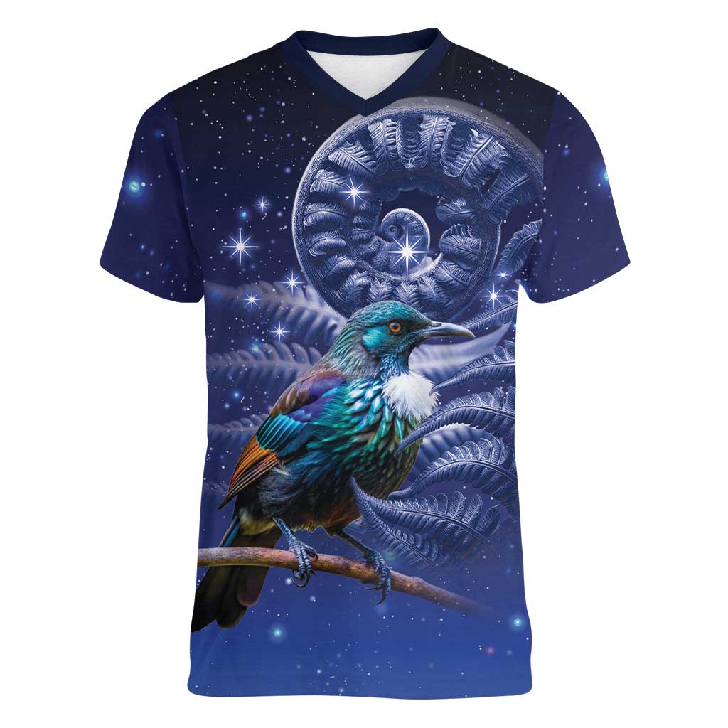 Tui Bird Matariki Galaxy Women V-Neck T-Shirt Koru Silver Fern Aotearoa LT9 Female Galaxy - Polynesian Pride
