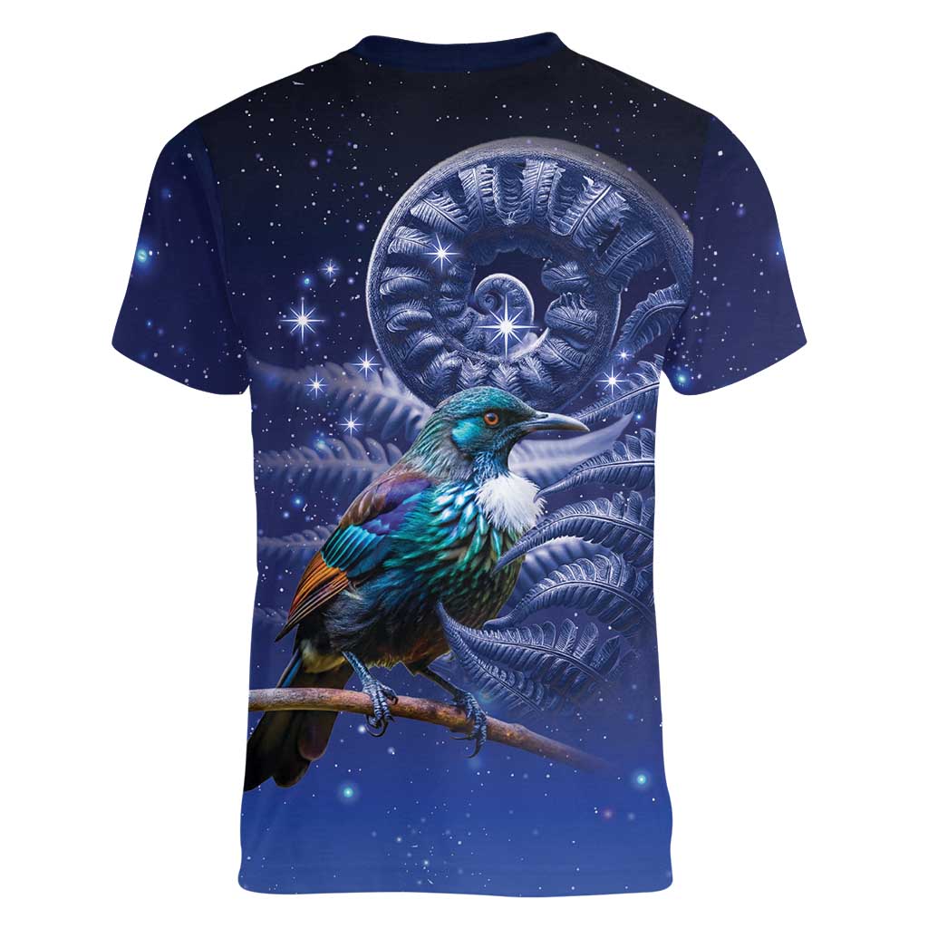 Tui Bird Matariki Galaxy Women V-Neck T-Shirt Koru Silver Fern Aotearoa LT9 - Polynesian Pride