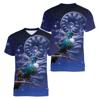 Tui Bird Matariki Galaxy Women V-Neck T-Shirt Koru Silver Fern Aotearoa LT9 - Polynesian Pride
