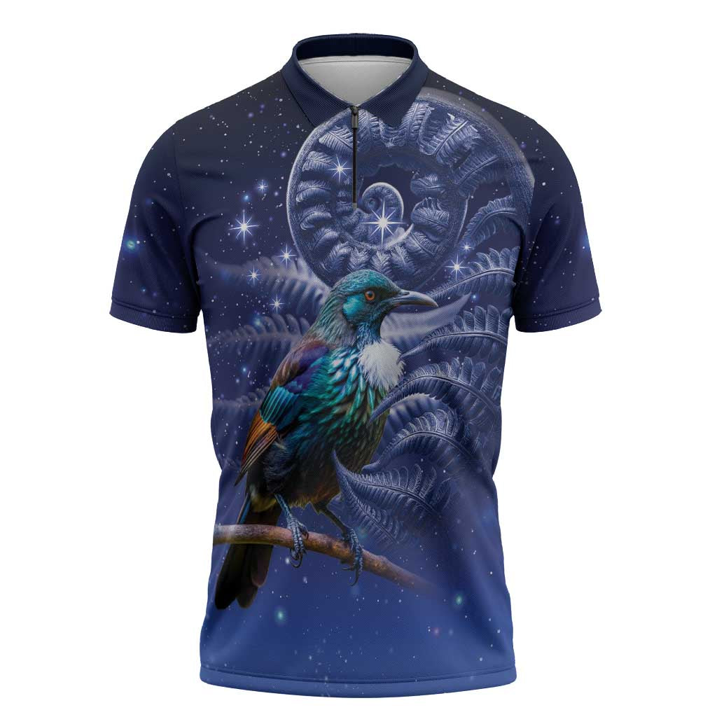 Tui Bird Matariki Galaxy Zipper Polo Shirt Koru Silver Fern Aotearoa LT9 Galaxy - Polynesian Pride