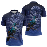 Tui Bird Matariki Galaxy Zipper Polo Shirt Koru Silver Fern Aotearoa LT9 - Polynesian Pride