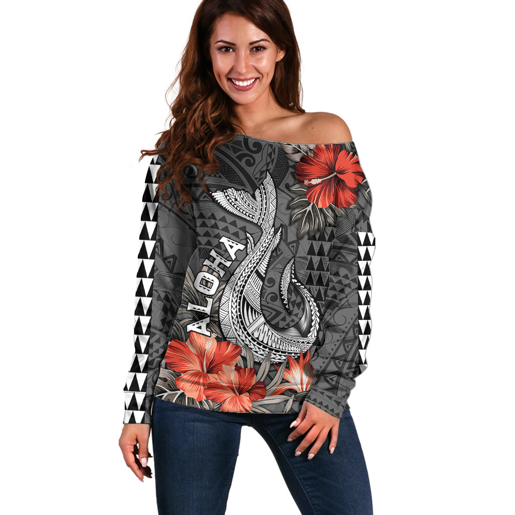 Hawaii Fish Hook Off Shoulder Sweater Polynesian Vintage Vibes LT9 Women Black - Polynesian Pride