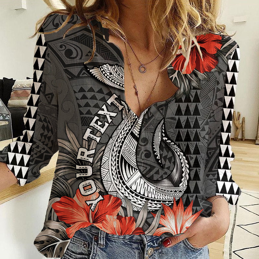 Personalised Hawaii Fish Hook Women Casual Shirt Polynesian Vintage Vibes LT9 Female Black - Polynesian Pride