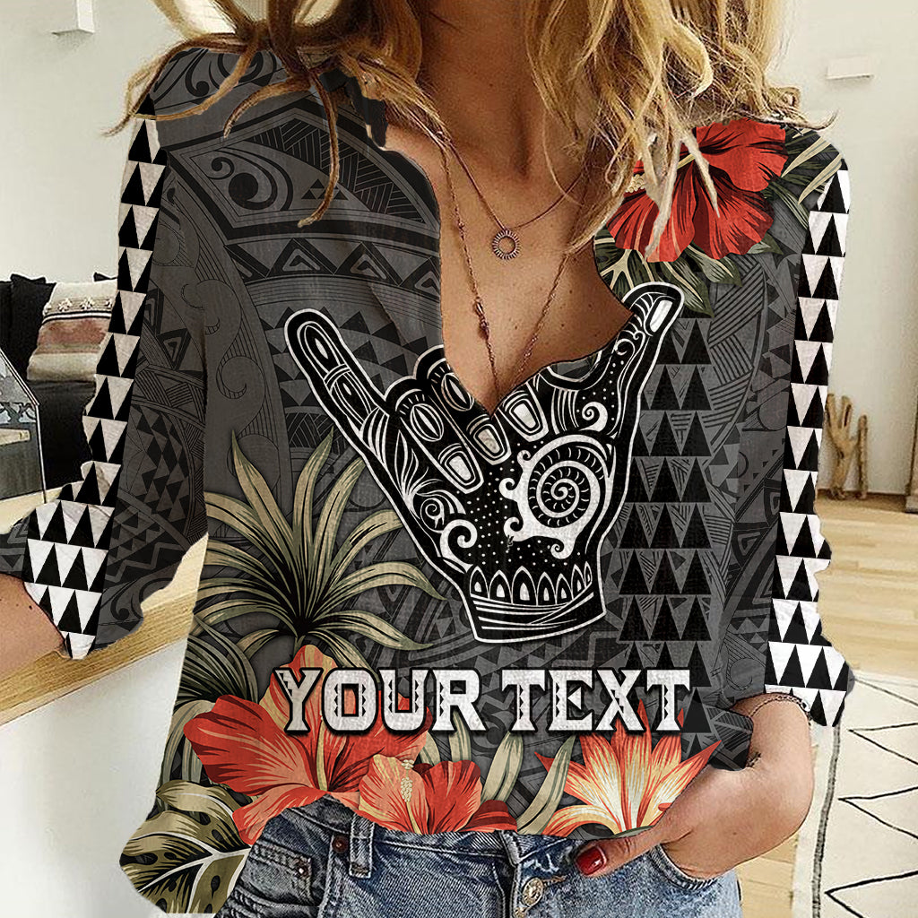 Personalised Hawaii Shaka Surf Hand Sign Women Casual Shirt Polynesian Vintage Vibes LT9 Female Black - Polynesian Pride