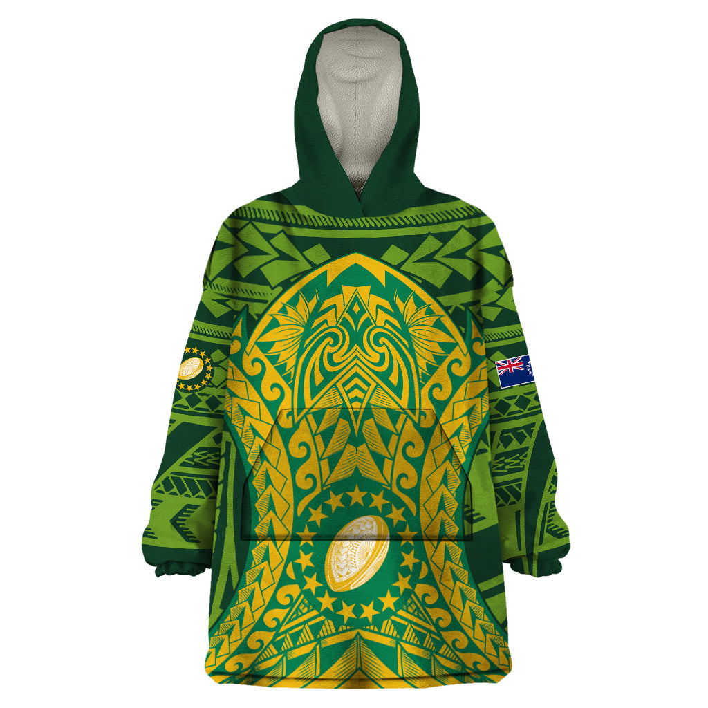 Personalised Cook Islands Rugby Wearable Blanket Hoodie Kukis Athletic Style LT9 One Size Green - Polynesian Pride