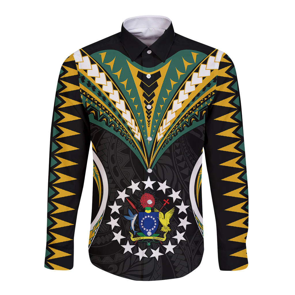 Polynesian Pride Cook Islands Long Sleeve Button Shirt Tribal Wave Style LT9 Unisex Black - Polynesian Pride