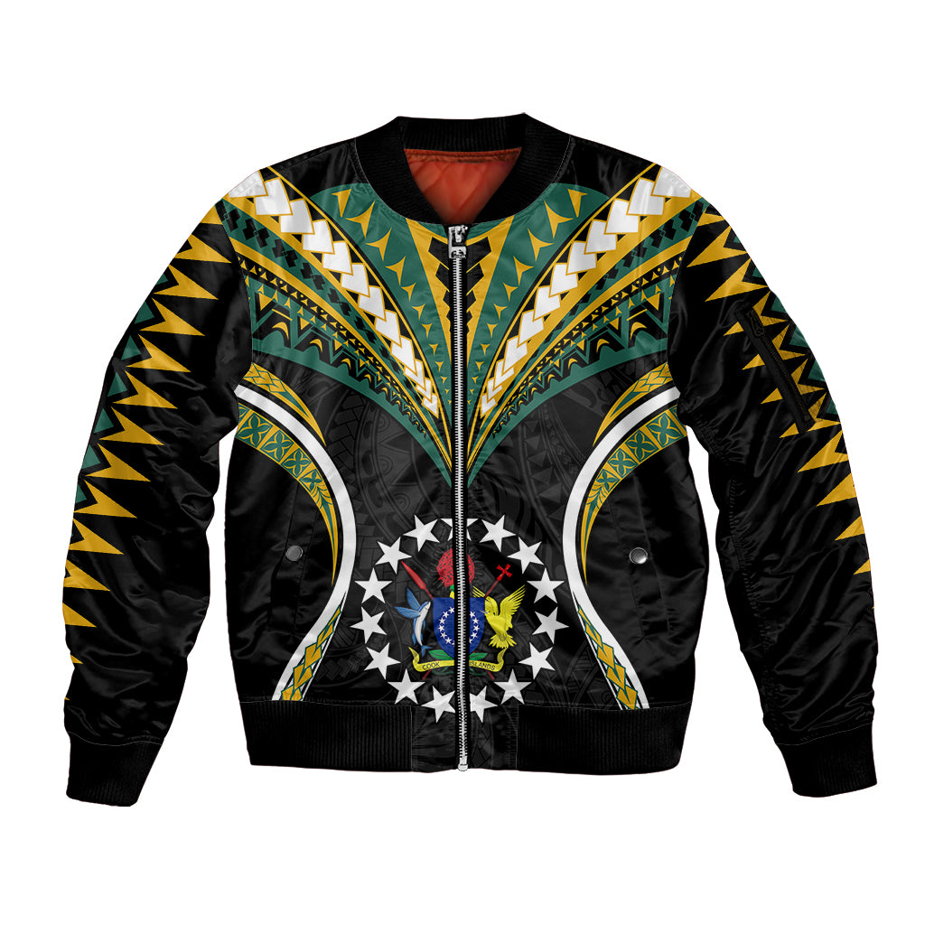 Polynesian Pride Cook Islands Sleeve Zip Bomber Jacket Tribal Wave Style LT9 Unisex Black - Polynesian Pride