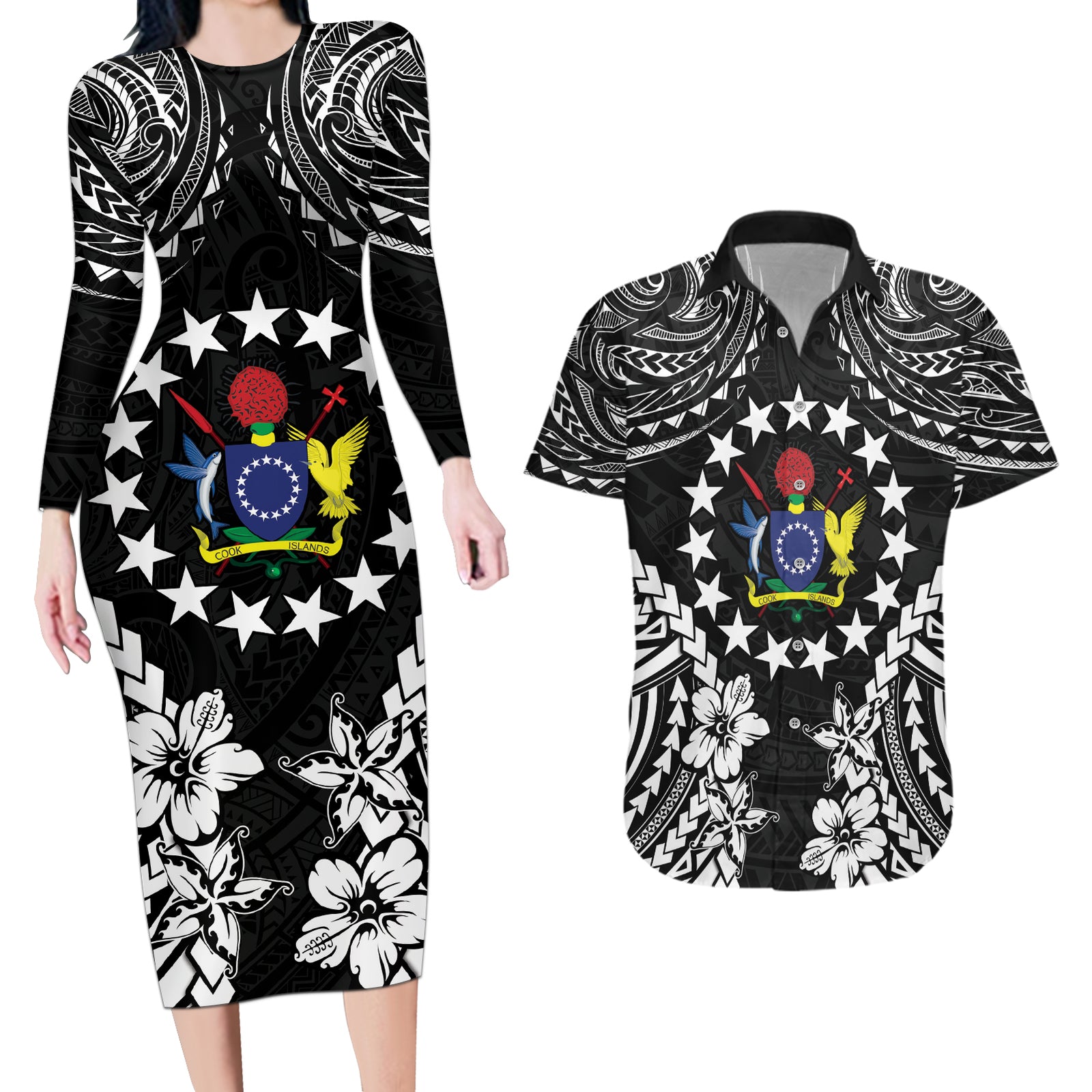Cook Islands Ra o te Ui Ariki Est 1967 Couples Matching Long Sleeve Bodycon Dress and Hawaiian Shirt LT9 Black - Polynesian Pride