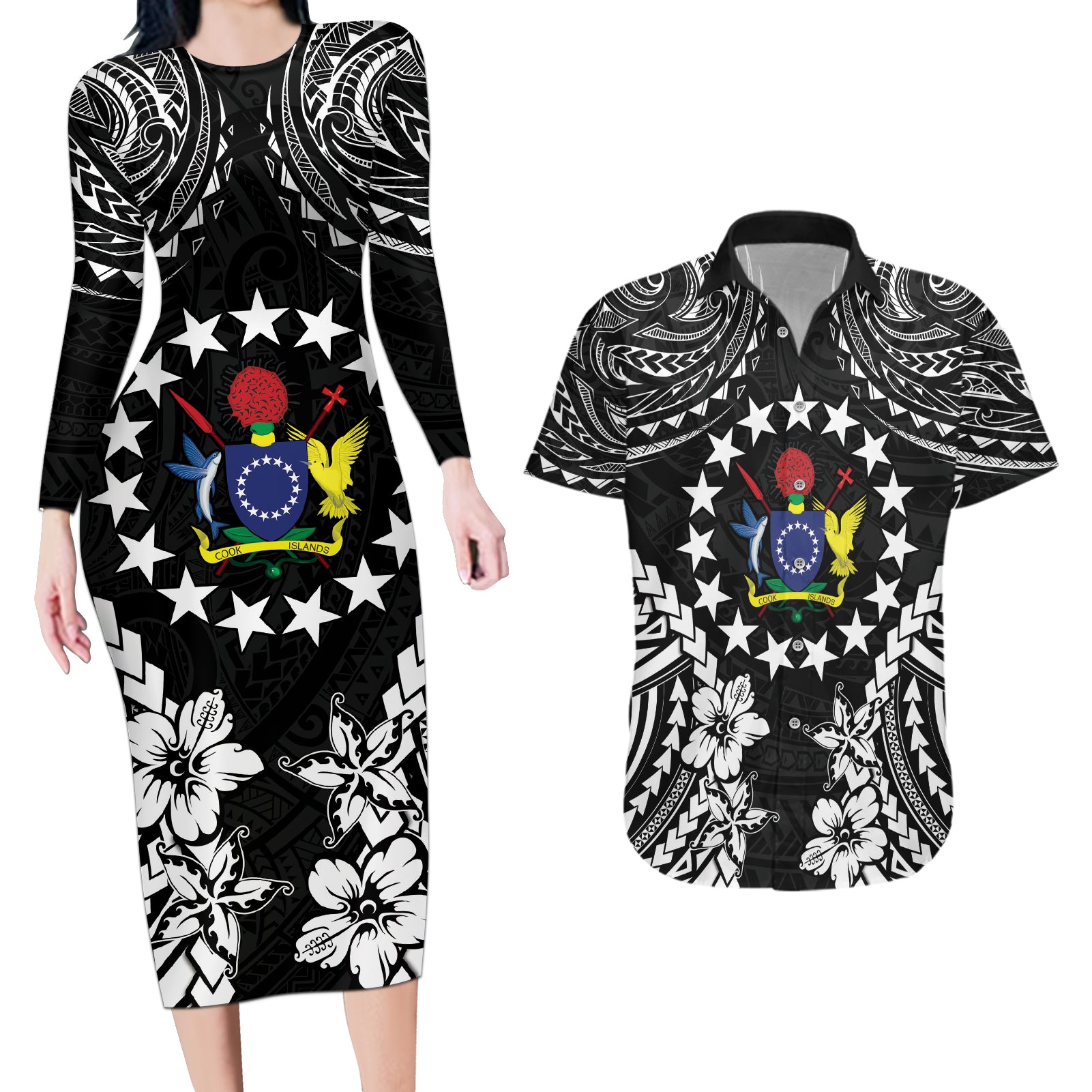 Cook Islands Ra o te Ui Ariki Est 1967 Couples Matching Long Sleeve Bodycon Dress and Hawaiian Shirt