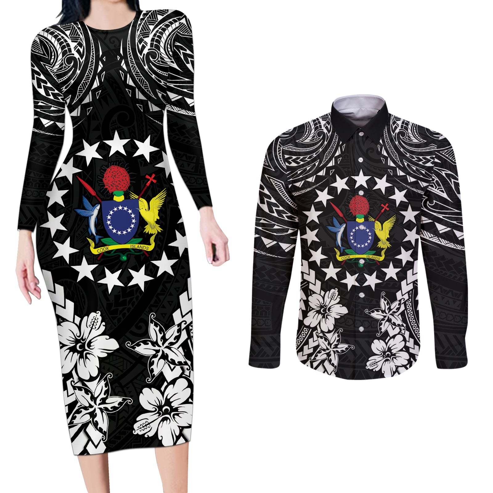 Cook Islands Ra o te Ui Ariki Est 1967 Couples Matching Long Sleeve Bodycon Dress and Long Sleeve Button Shirt LT9 Black - Polynesian Pride