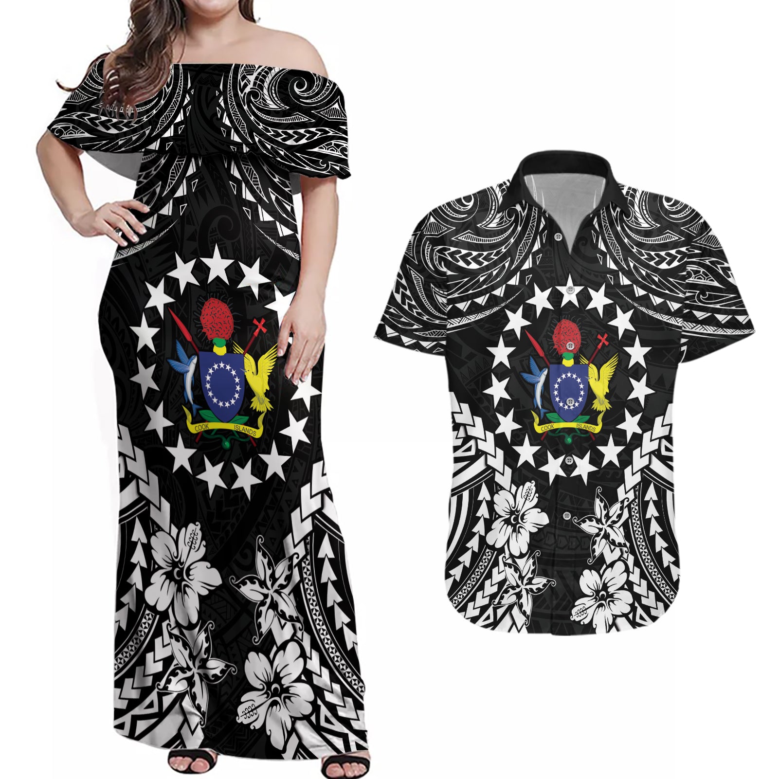 Cook Islands Ra o te Ui Ariki Est 1967 Couples Matching Off Shoulder Maxi Dress and Hawaiian Shirt