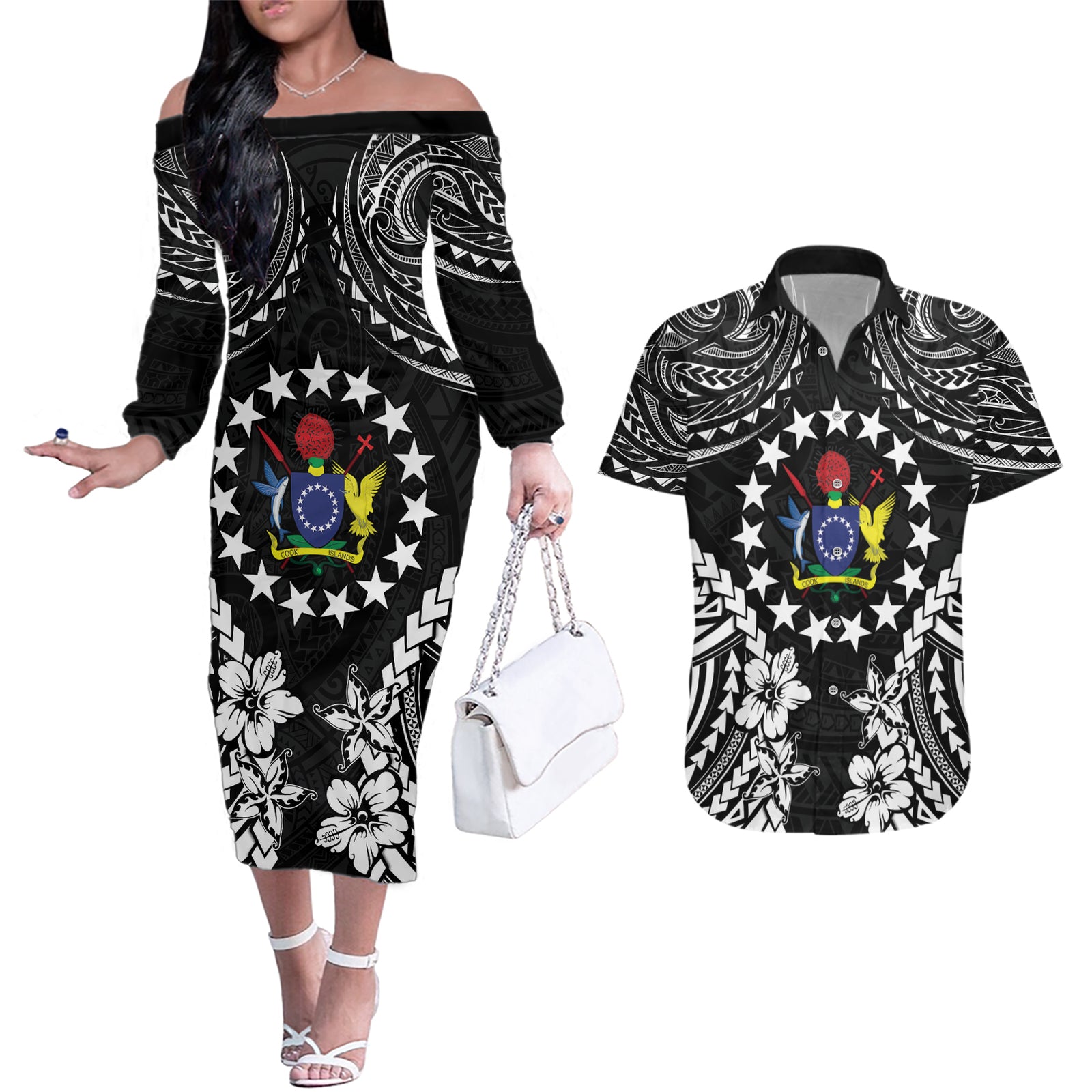 Cook Islands Ra o te Ui Ariki Est 1967 Couples Matching Off The Shoulder Long Sleeve Dress and Hawaiian Shirt LT9 Black - Polynesian Pride