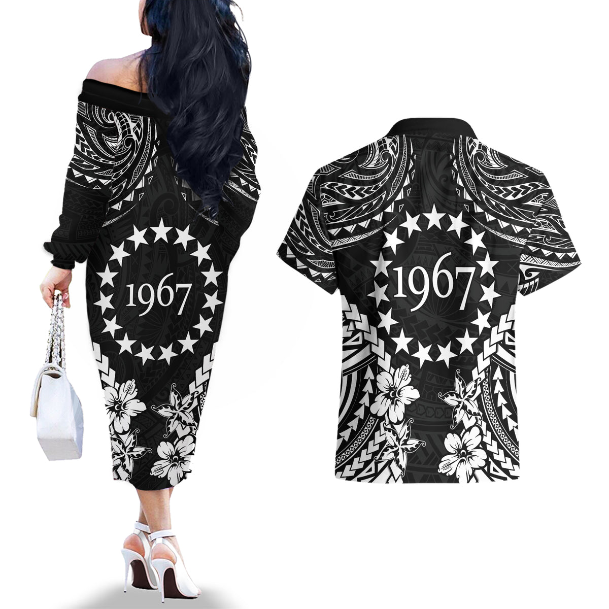 Cook Islands Ra o te Ui Ariki Est 1967 Couples Matching Off The Shoulder Long Sleeve Dress and Hawaiian Shirt