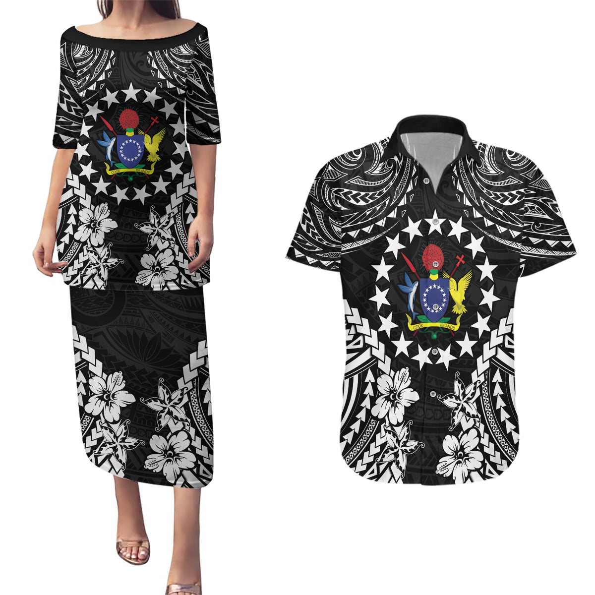 Cook Islands Ra o te Ui Ariki Est 1967 Couples Matching Puletasi and Hawaiian Shirt LT9 Black - Polynesian Pride