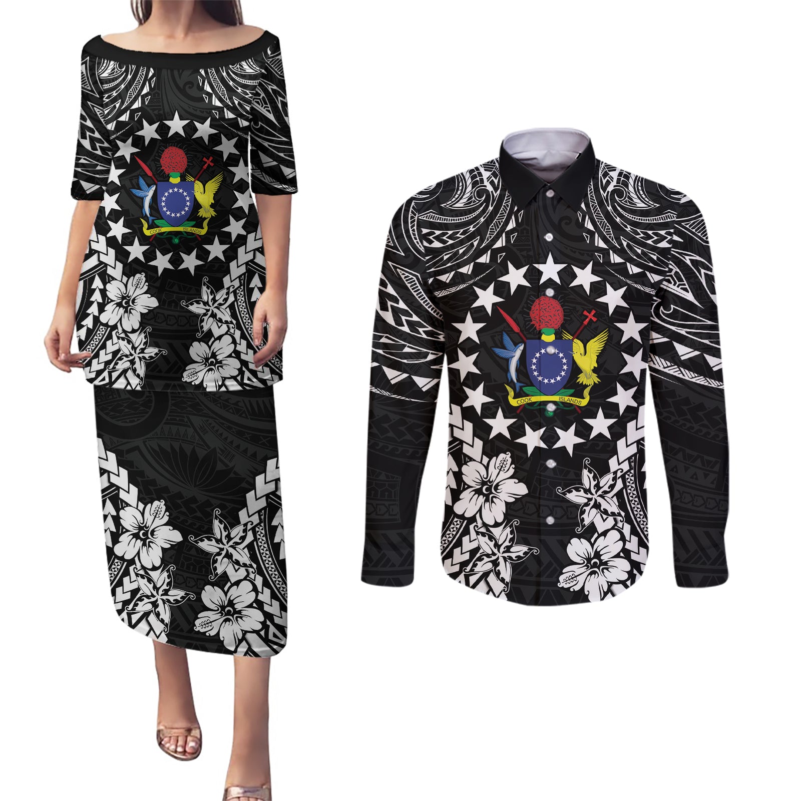 Cook Islands Ra o te Ui Ariki Est 1967 Couples Matching Puletasi and Long Sleeve Button Shirt LT9 Black - Polynesian Pride