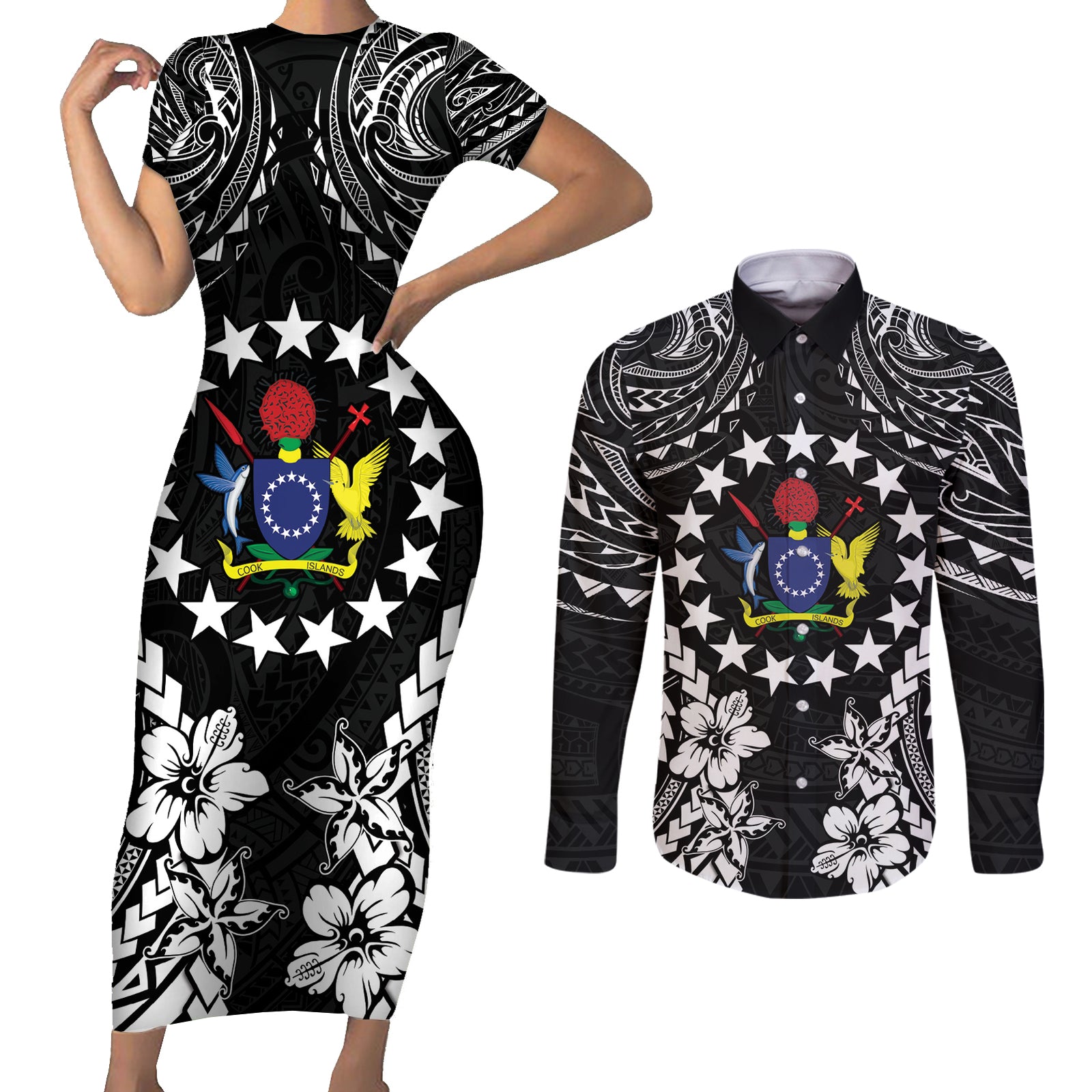 Cook Islands Ra o te Ui Ariki Est 1967 Couples Matching Short Sleeve Bodycon Dress and Long Sleeve Button Shirt LT9 Black - Polynesian Pride