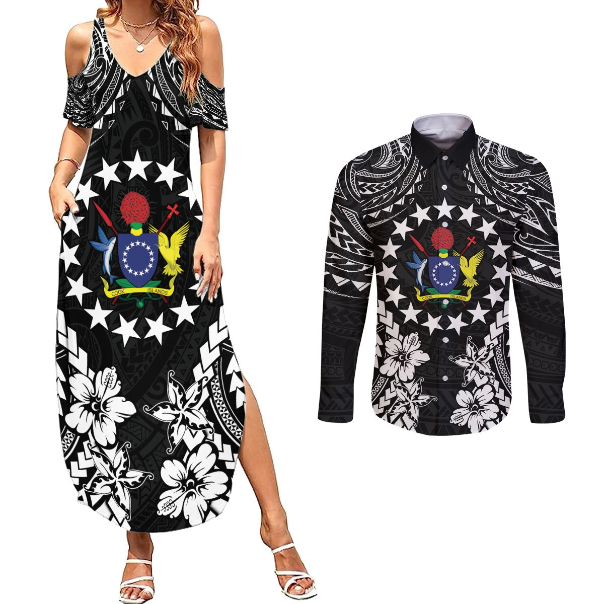 Cook Islands Ra o te Ui Ariki Est 1967 Couples Matching Summer Maxi Dress and Long Sleeve Button Shirt LT9 Black - Polynesian Pride