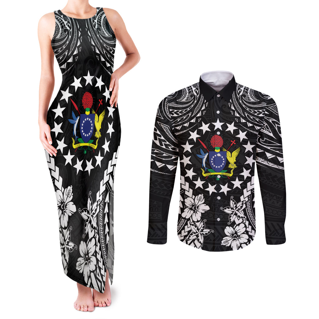 Cook Islands Ra o te Ui Ariki Est 1967 Couples Matching Tank Maxi Dress and Long Sleeve Button Shirt LT9 Black - Polynesian Pride