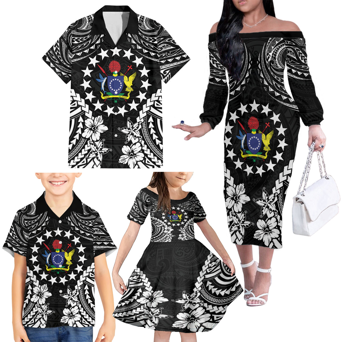 Cook Islands Ra o te Ui Ariki Est 1967 Family Matching Off The Shoulder Long Sleeve Dress and Hawaiian Shirt LT9 - Polynesian Pride