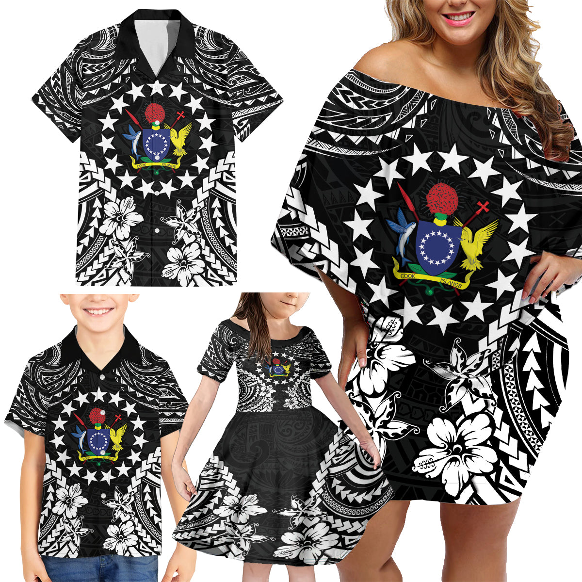 Cook Islands Ra o te Ui Ariki Est 1967 Family Matching Off Shoulder Short Dress and Hawaiian Shirt