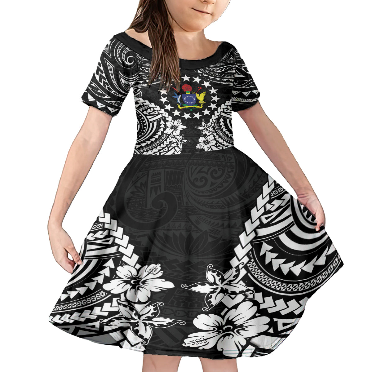Cook Islands Ra o te Ui Ariki Est 1967 Family Matching Puletasi and Hawaiian Shirt LT9 Daughter's Dress Black - Polynesian Pride