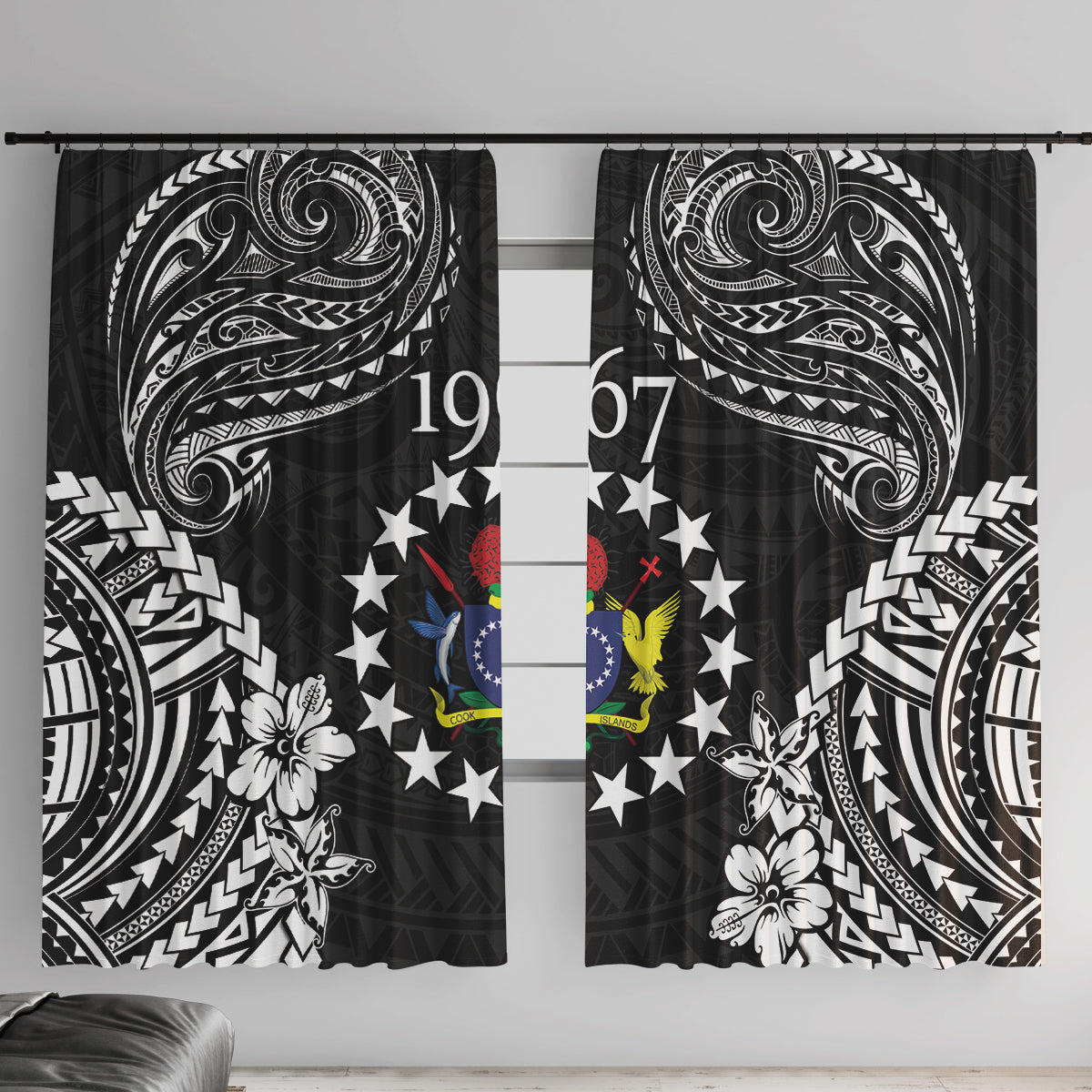 Cook Islands Ra o te Ui Ariki Est 1967 Window Curtain LT9 With Hooks Black - Polynesian Pride