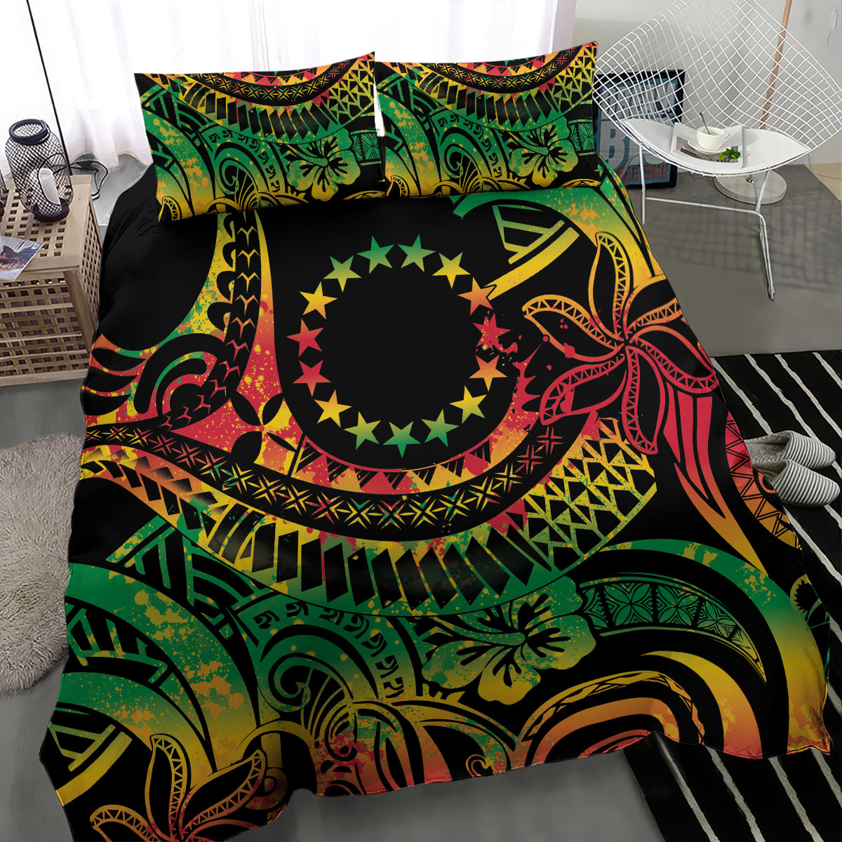 Cook Islands 15 Stars Bedding Set Kuki Airani Polynesian Tribal Wave Tattoo