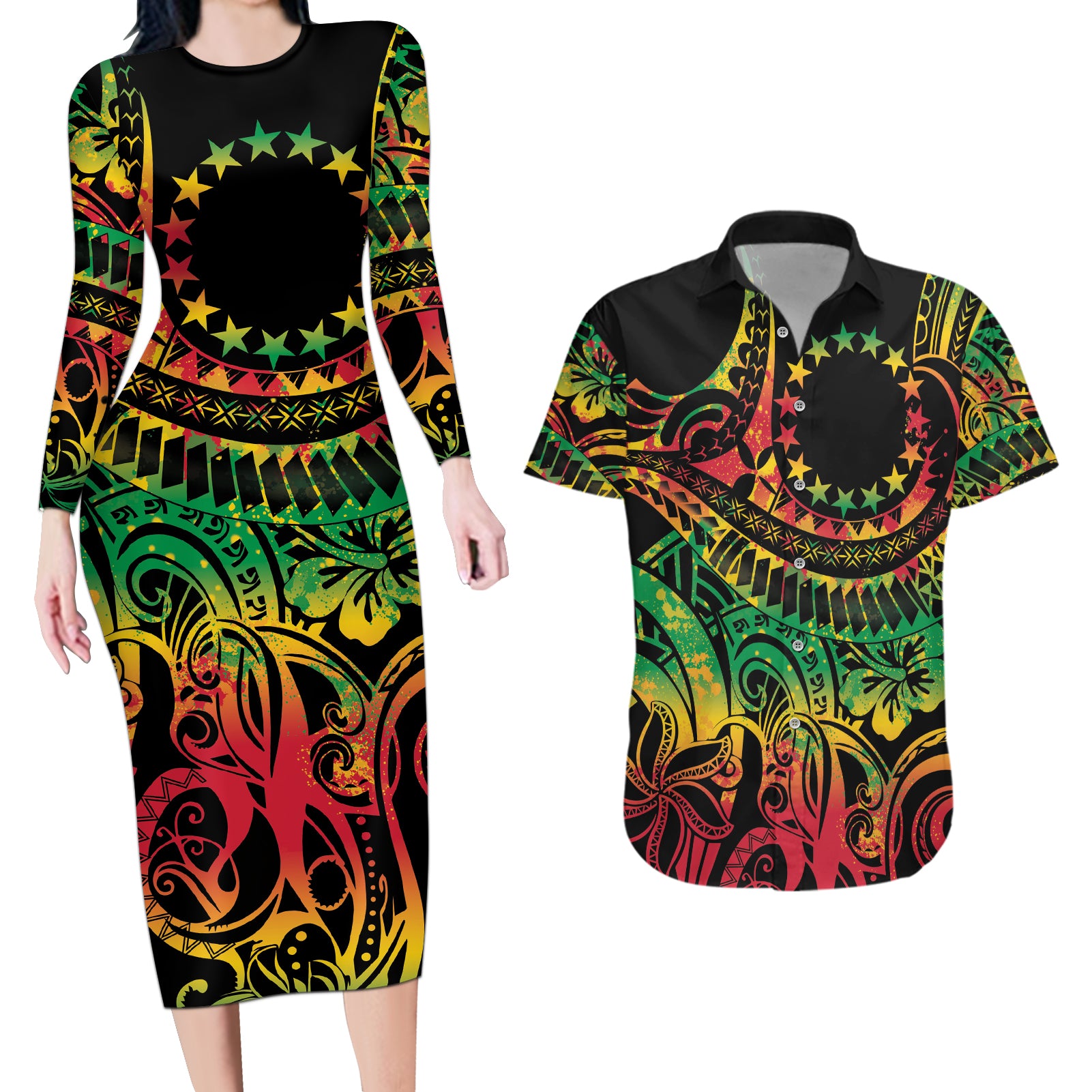 Cook Islands 15 Stars Couples Matching Long Sleeve Bodycon Dress and Hawaiian Shirt Kuki Airani Polynesian Tribal Wave Tattoo