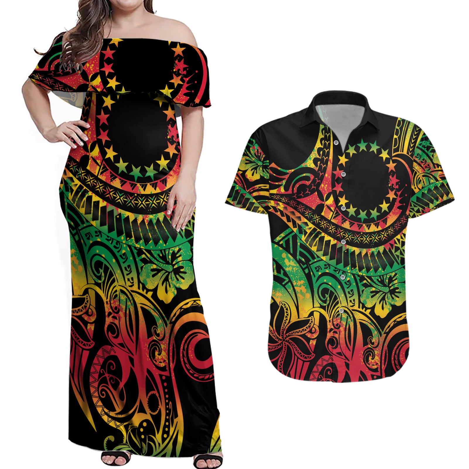 Cook Islands 15 Stars Couples Matching Off Shoulder Maxi Dress and Hawaiian Shirt Kuki Airani Polynesian Tribal Wave Tattoo