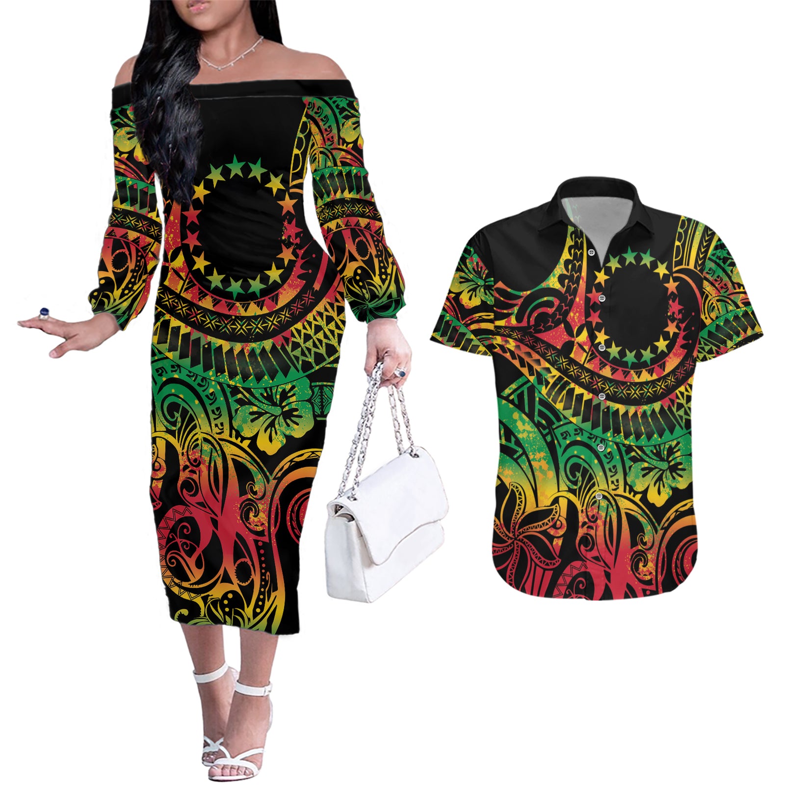 Cook Islands 15 Stars Couples Matching Off The Shoulder Long Sleeve Dress and Hawaiian Shirt Kuki Airani Polynesian Tribal Wave Tattoo LT9 Reggae - Polynesian Pride