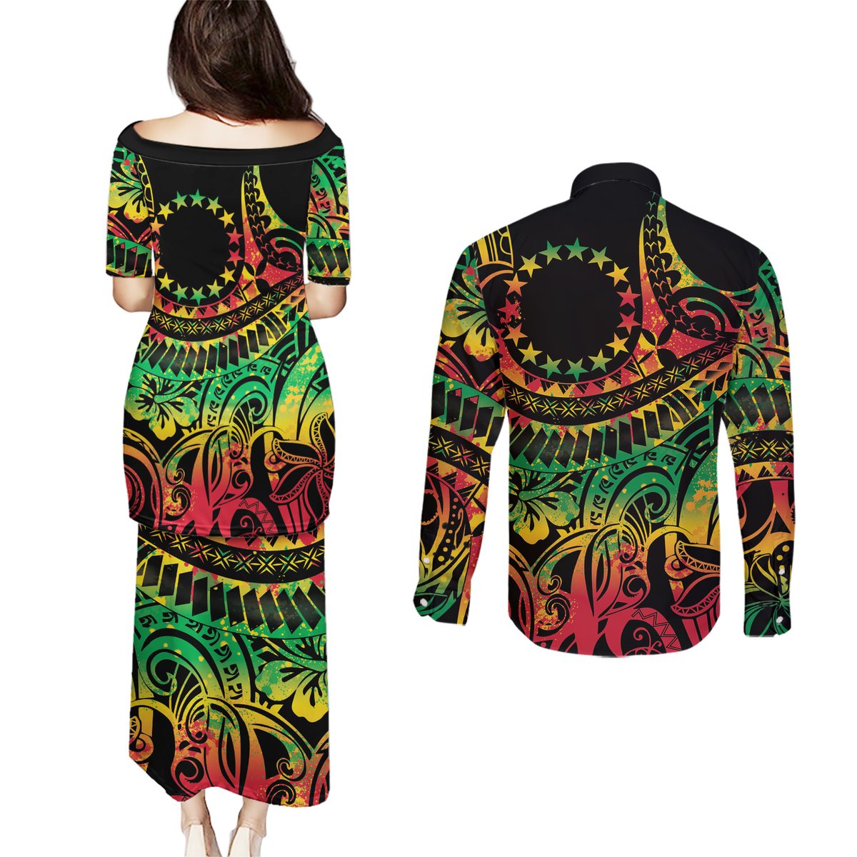 Cook Islands 15 Stars Couples Matching Puletasi and Long Sleeve Button Shirt Kuki Airani Polynesian Tribal Wave Tattoo
