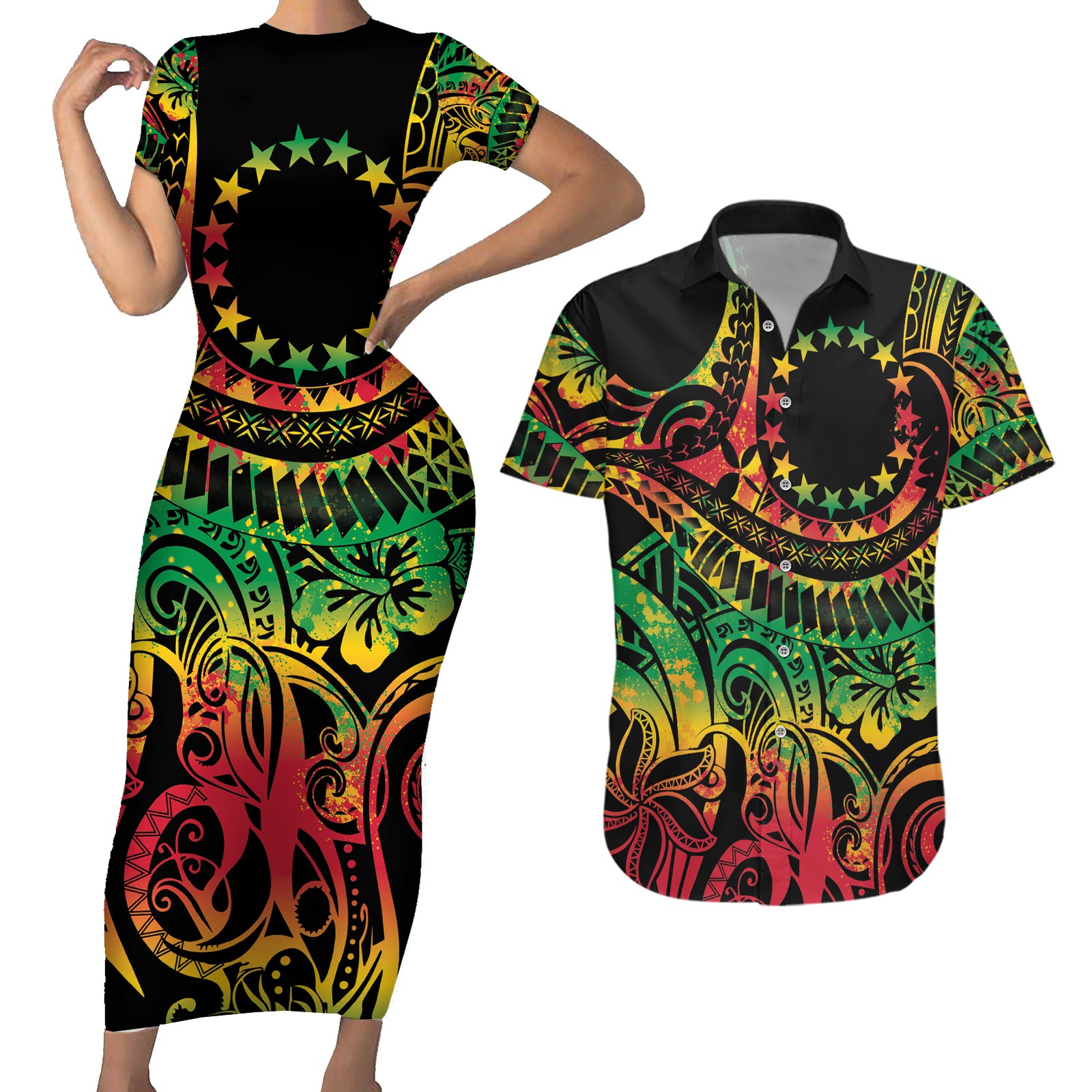 Cook Islands 15 Stars Couples Matching Short Sleeve Bodycon Dress and Hawaiian Shirt Kuki Airani Polynesian Tribal Wave Tattoo LT9 Reggae - Polynesian Pride