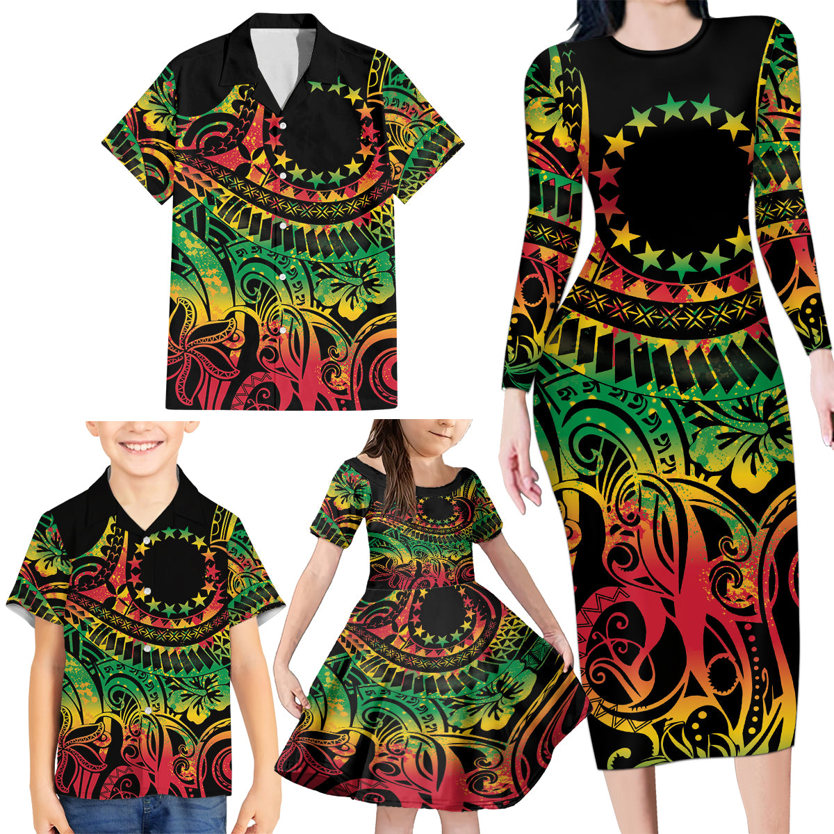 Cook Islands 15 Stars Family Matching Long Sleeve Bodycon Dress and Hawaiian Shirt Kuki Airani Polynesian Tribal Wave Tattoo