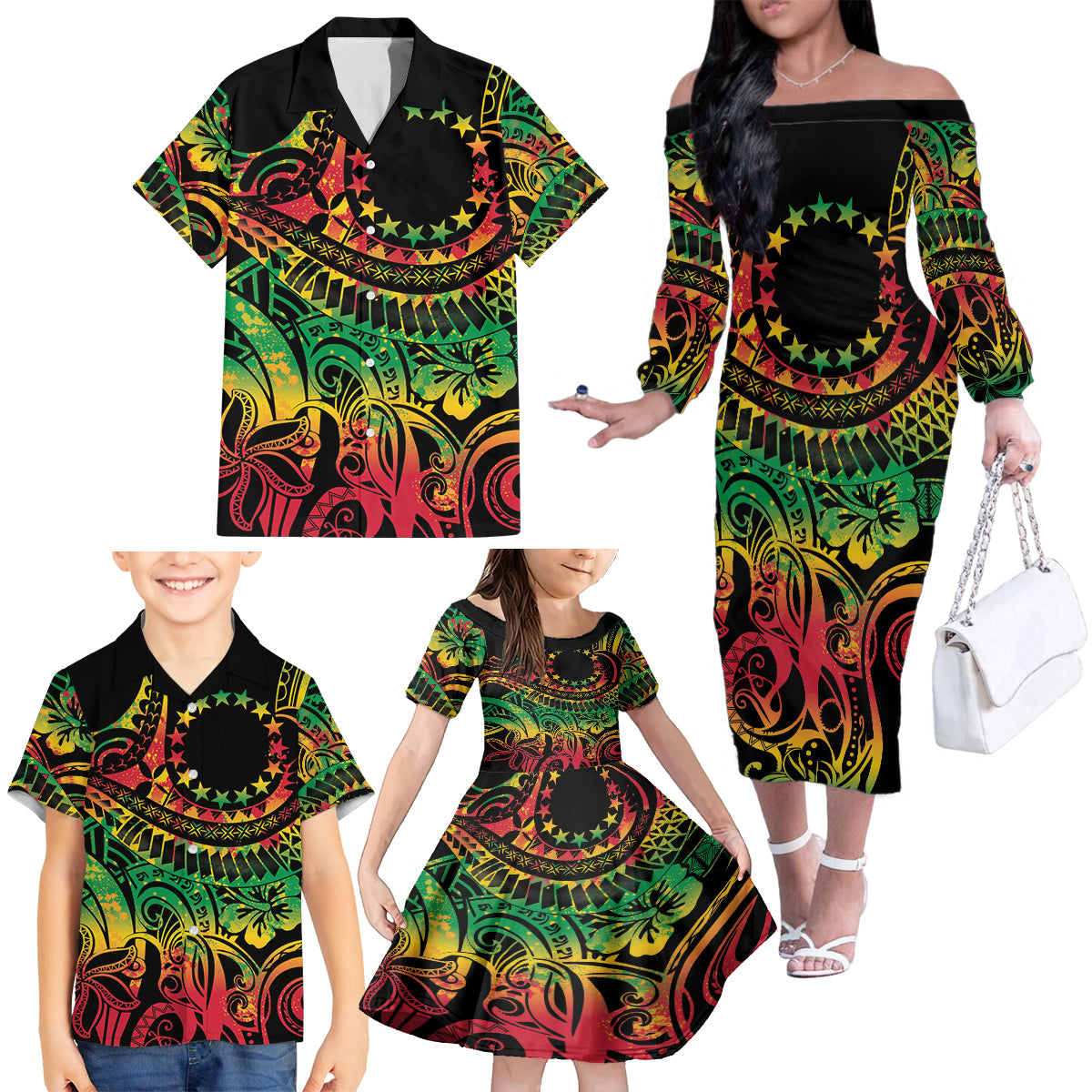 Cook Islands 15 Stars Family Matching Off The Shoulder Long Sleeve Dress and Hawaiian Shirt Kuki Airani Polynesian Tribal Wave Tattoo