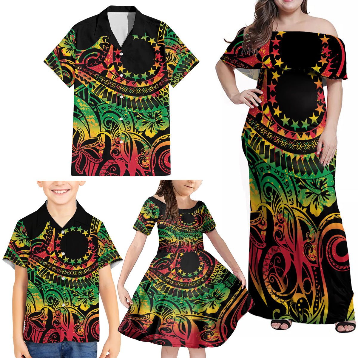 Cook Islands 15 Stars Family Matching Off Shoulder Maxi Dress and Hawaiian Shirt Kuki Airani Polynesian Tribal Wave Tattoo