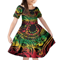 Cook Islands 15 Stars Family Matching Puletasi and Hawaiian Shirt Kuki Airani Polynesian Tribal Wave Tattoo LT9 Daughter's Dress Reggae - Polynesian Pride