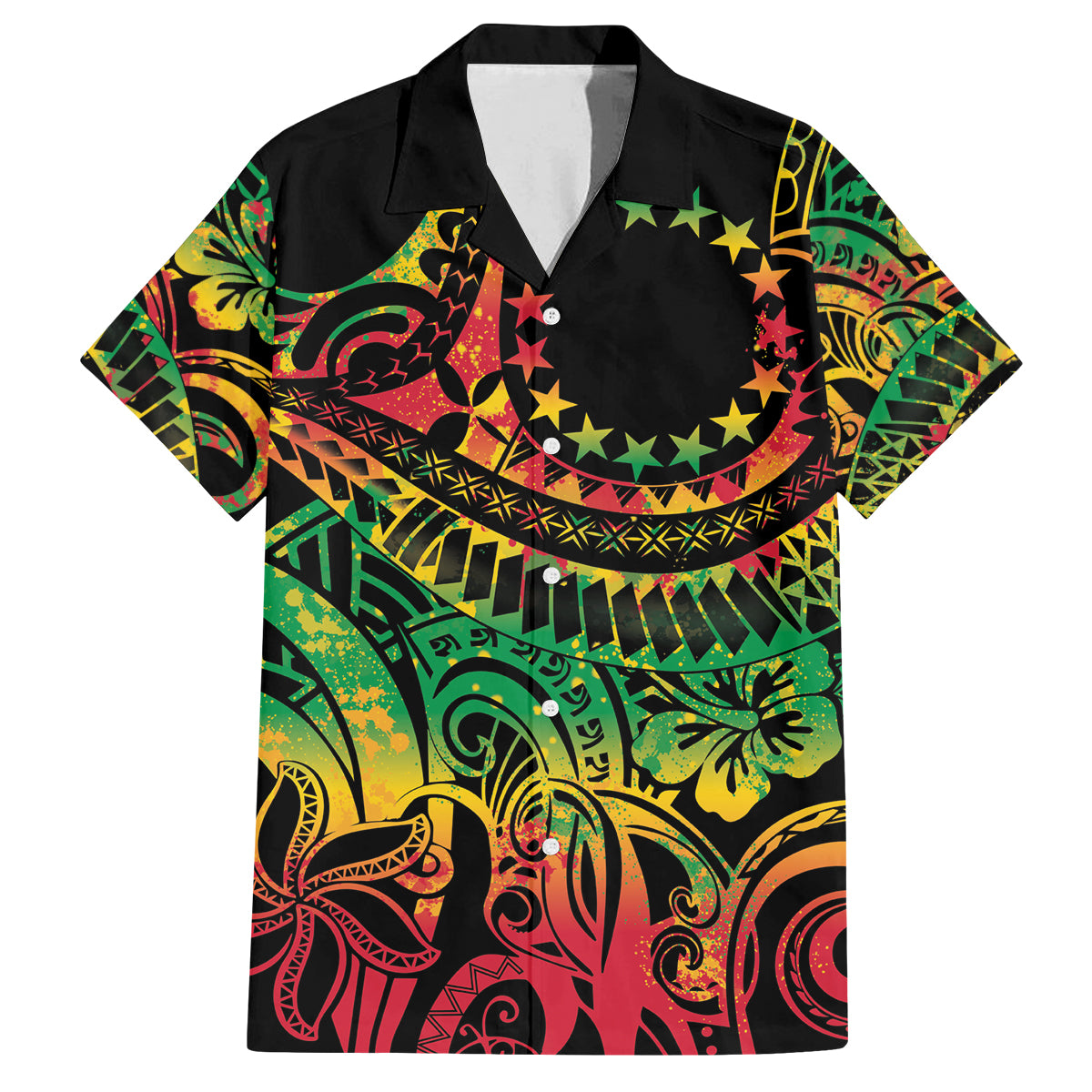 Cook Islands 15 Stars Family Matching Puletasi and Hawaiian Shirt Kuki Airani Polynesian Tribal Wave Tattoo LT9 Dad's Shirt - Short Sleeve Reggae - Polynesian Pride