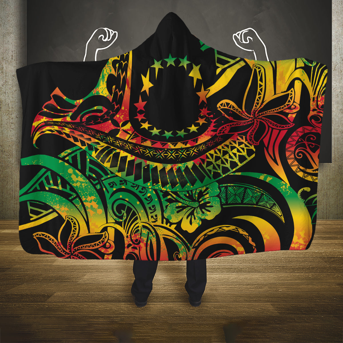 Cook Islands 15 Stars Hooded Blanket Kuki Airani Polynesian Tribal Wave Tattoo LT9 One Size Reggae - Polynesian Pride