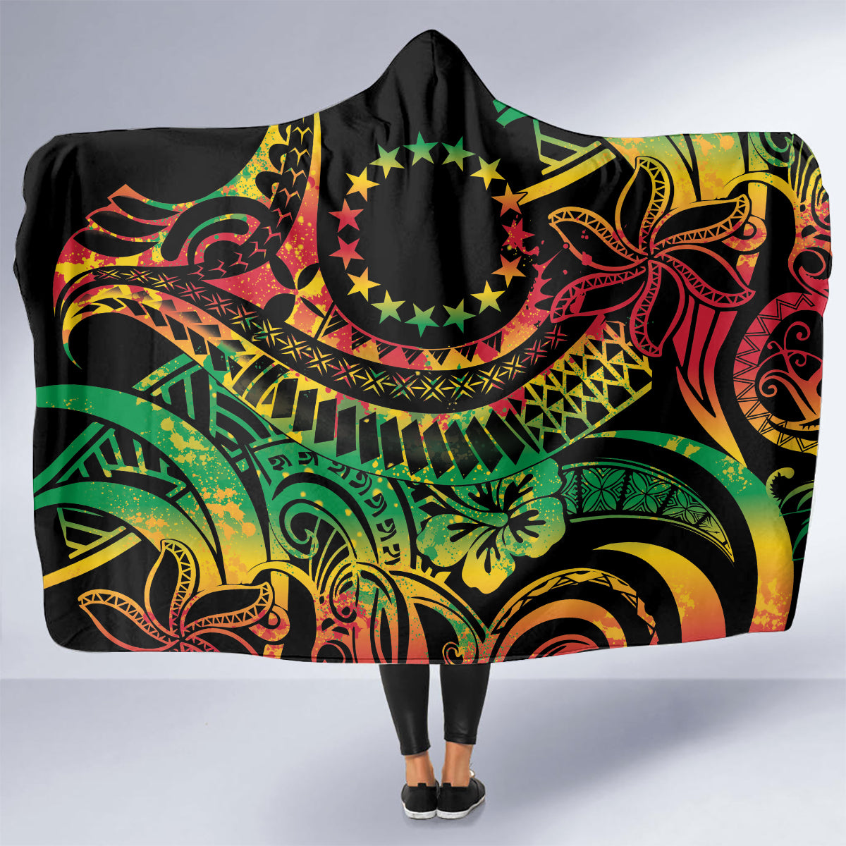 Cook Islands 15 Stars Hooded Blanket Kuki Airani Polynesian Tribal Wave Tattoo LT9 - Polynesian Pride
