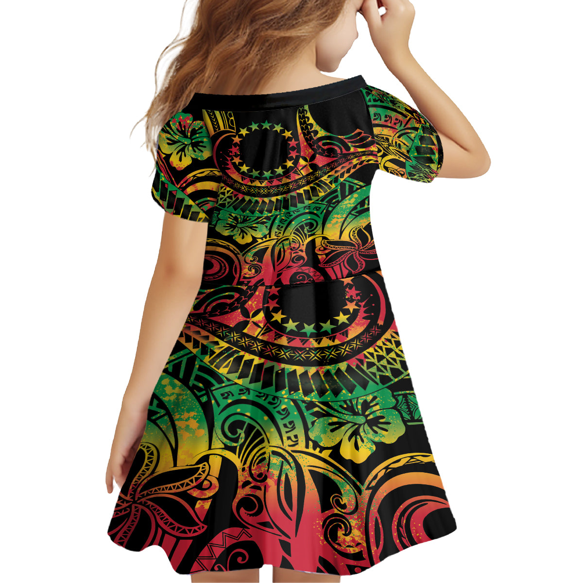 Cook Islands 15 Stars Kid Short Sleeve Dress Kuki Airani Polynesian Tribal Wave Tattoo LT9 - Polynesian Pride