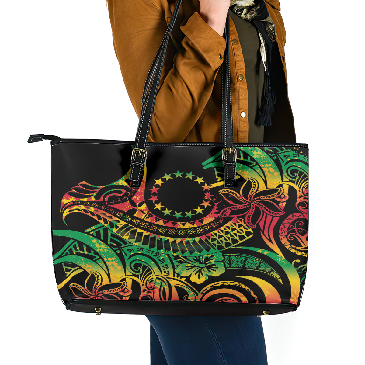 Cook Islands 15 Stars Leather Tote Bag Kuki Airani Polynesian Tribal Wave Tattoo LT9 - Polynesian Pride