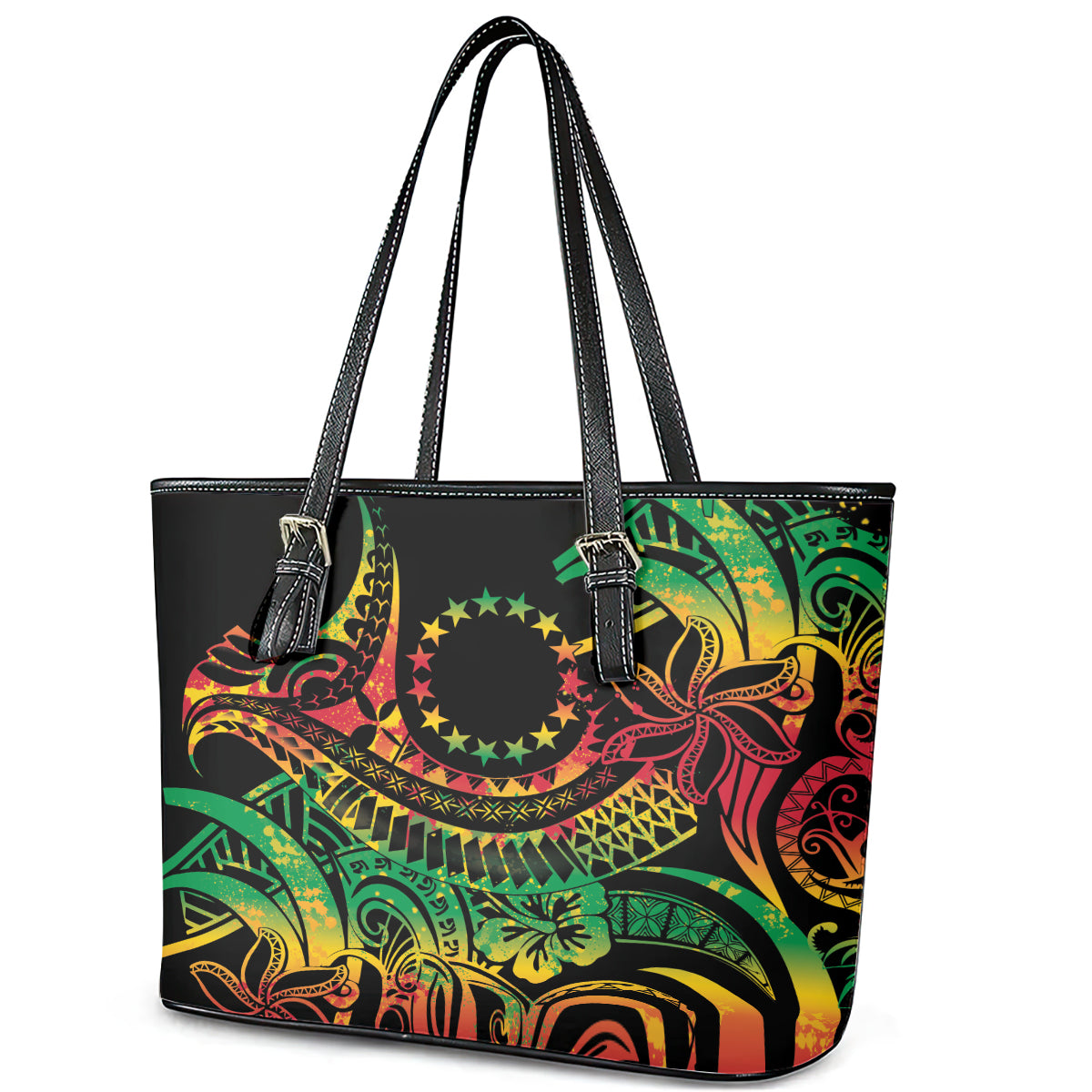 Cook Islands 15 Stars Leather Tote Bag Kuki Airani Polynesian Tribal Wave Tattoo LT9 - Polynesian Pride