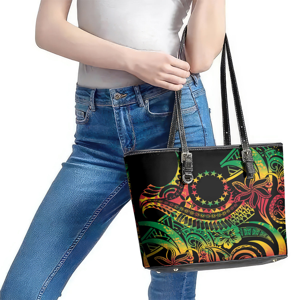 Cook Islands 15 Stars Leather Tote Bag Kuki Airani Polynesian Tribal Wave Tattoo LT9 - Polynesian Pride